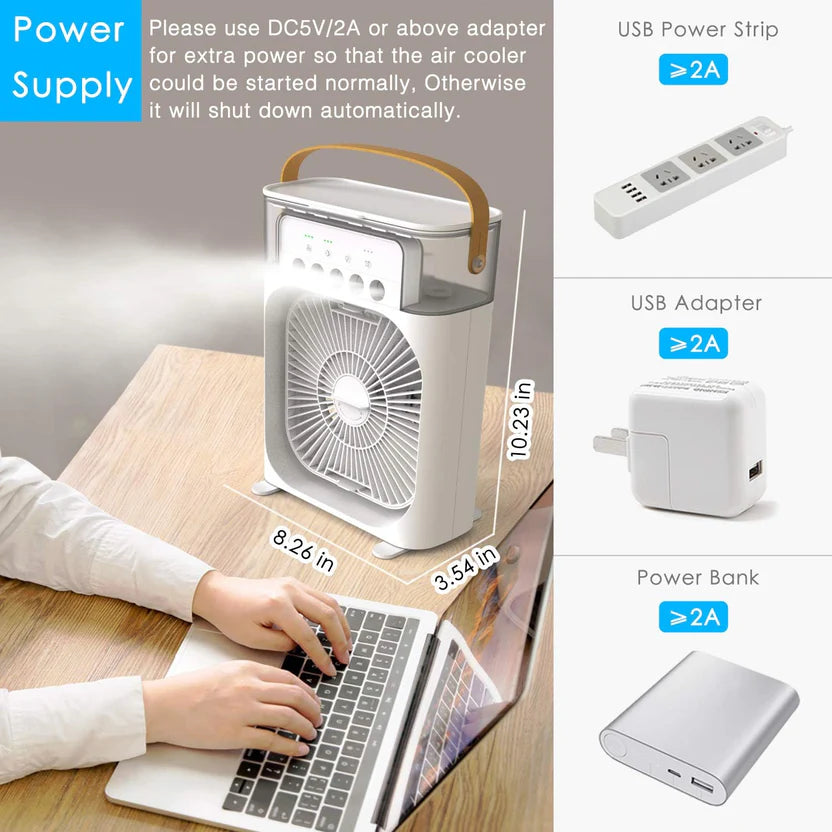 Portable Air Conditioner Fan, Mini Evaporative Air Cooler with 7 Colors LED Light, 1/2/3 H Timer, 3 Wind Speeds and 3 Spray Modes